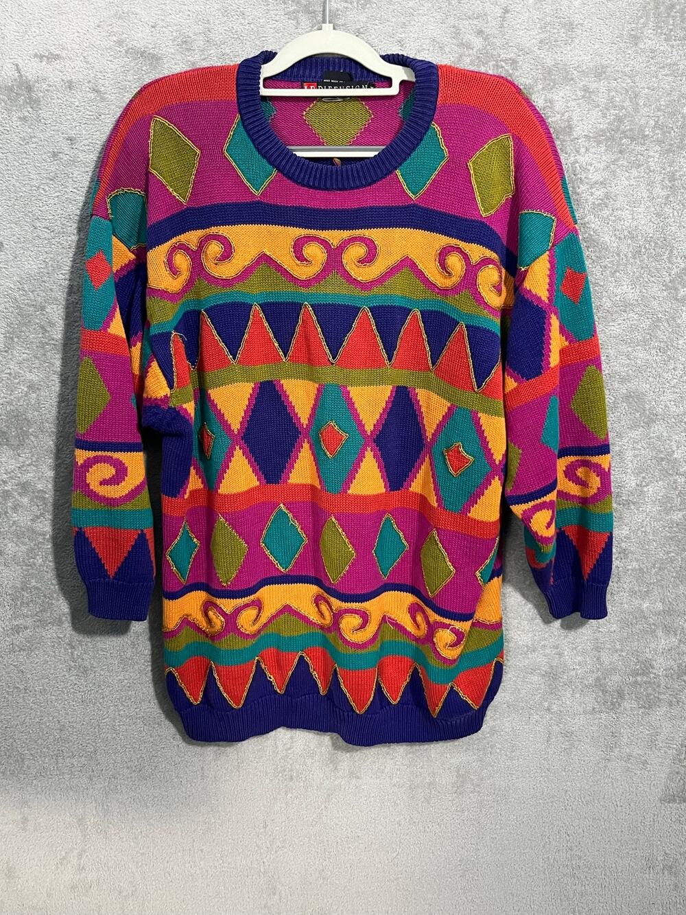 VTG 90s iB Diffusion Sweater 3X Abstract Colorful Embroidered Beads Coogi Style